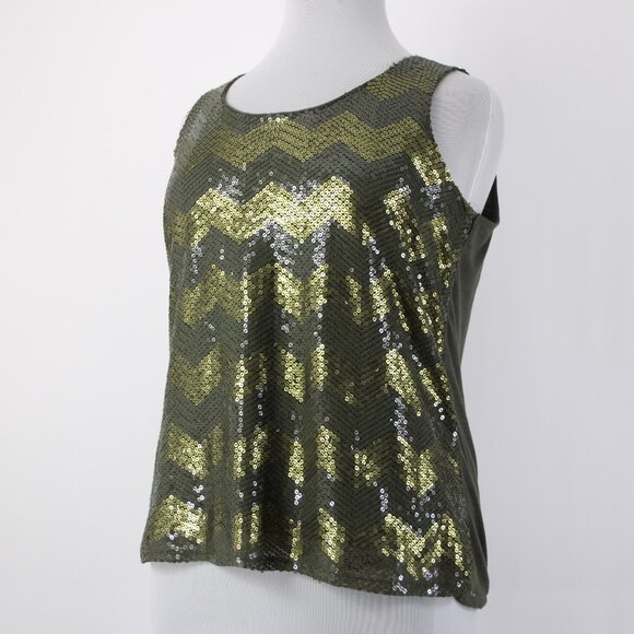 Coldwater Creek Top $75 Sz 1x Green Olive Sequin Chevron Poly Cotton Top - Picture 5 of 16